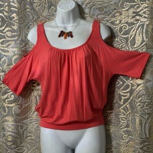Boston Proper Cold Shoulder Top XXS Coral Salmon | Soft Draped Blouse | USA Made